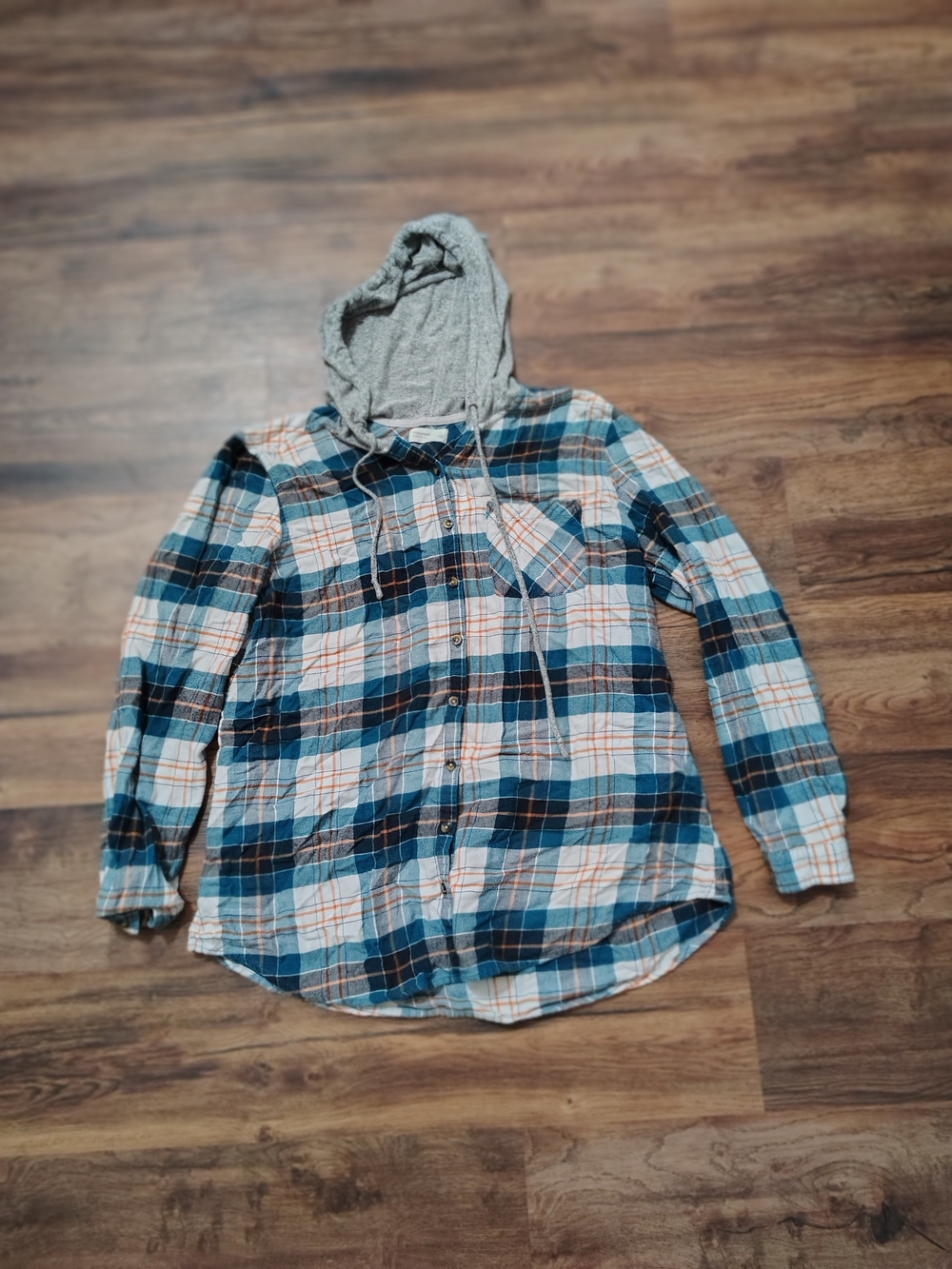 Maurices Blue & Cream Plaid Hooded Button-Down Shirt